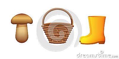 Mushroom picker set. Mushroom, wicker basket, yellow rubber boots. Vector illustration isolated on white background. Vector Illustration
